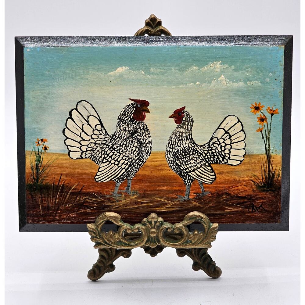 Hand-Painted White Rooster & Chicken Farmhouse Wall Art - 5x7 Wood Artist Signed
